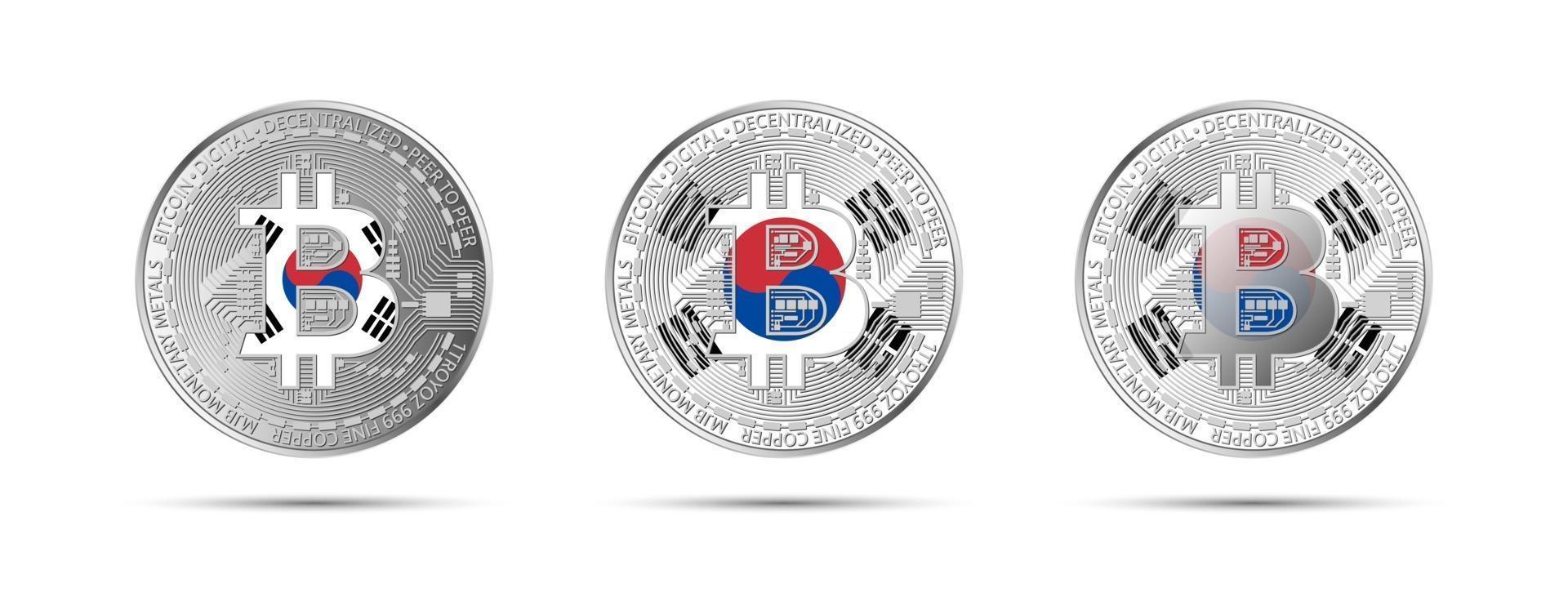 drie bitcoin cryptomunten met de vlag van Zuid-Korea geld van de toekomstige moderne cryptocurrency vectorillustratie vector