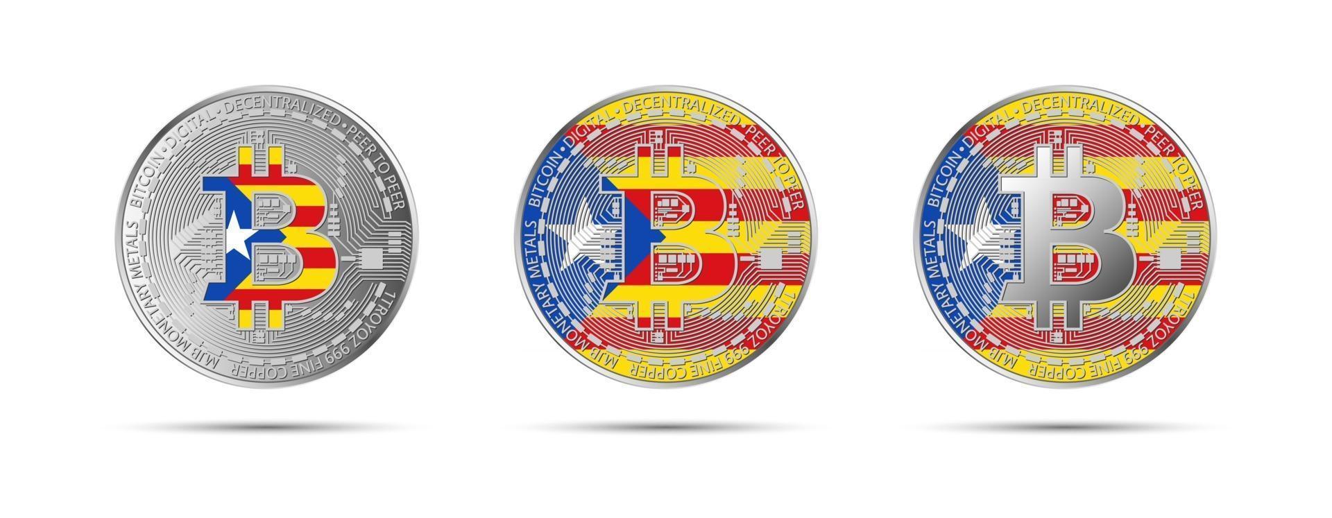 drie bitcoin cryptomunten met de vlag van Catalonië geld van de toekomstige moderne cryptocurrency vectorillustratie vector