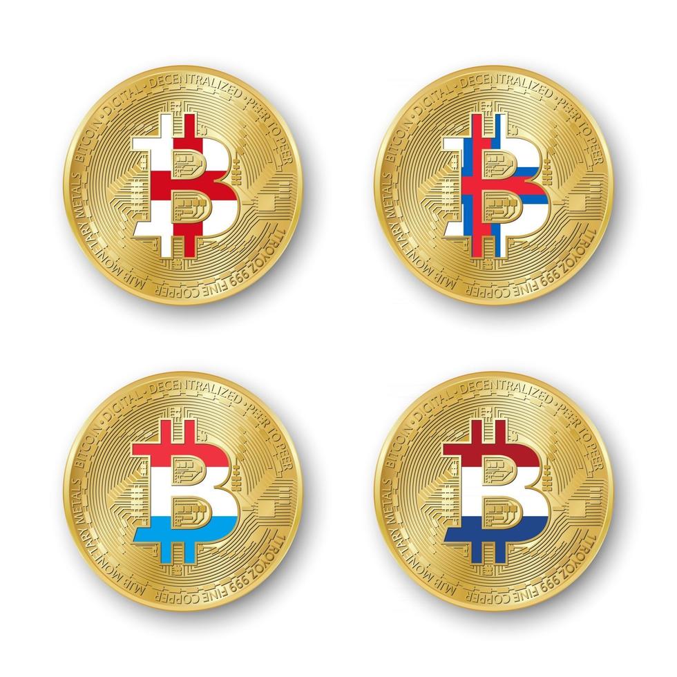 vier gouden bitcoin munten met vlaggen van engeland Faeröer luxemburg a holland vector cryptocurrency pictogrammen geïsoleerd op witte achtergrond blockchain technologie symbool
