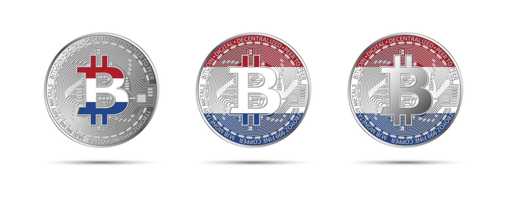 drie bitcoin cryptomunten met de vlag van holland geld van de toekomstige moderne cryptocurrency vectorillustratie vector