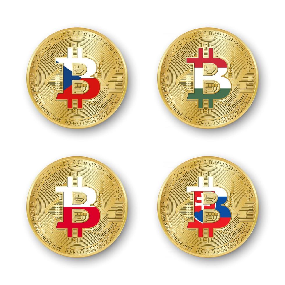 Vier gouden bitcoin munten met vlaggen van Tsjechië Hongarije Polen en Slowakije vector cryptocurrency iconen geïsoleerd op witte achtergrond blockchain technologie symbool