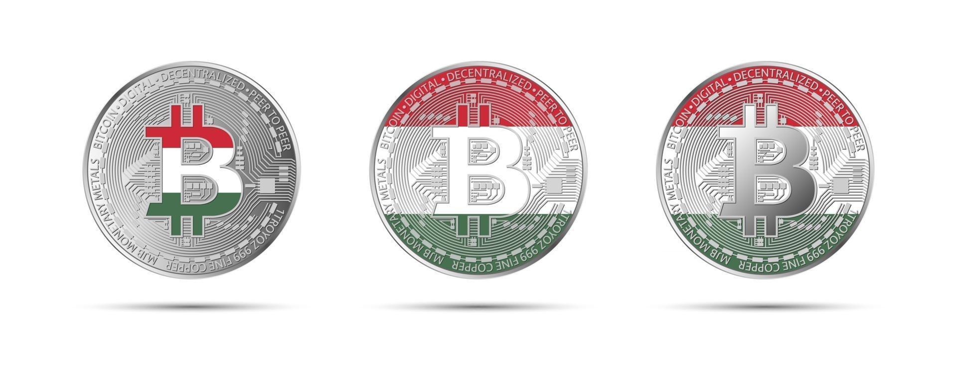 drie bitcoin cryptomunten met vlag van hongarije geld van de toekomstige moderne cryptocurrency vectorillustratie vector