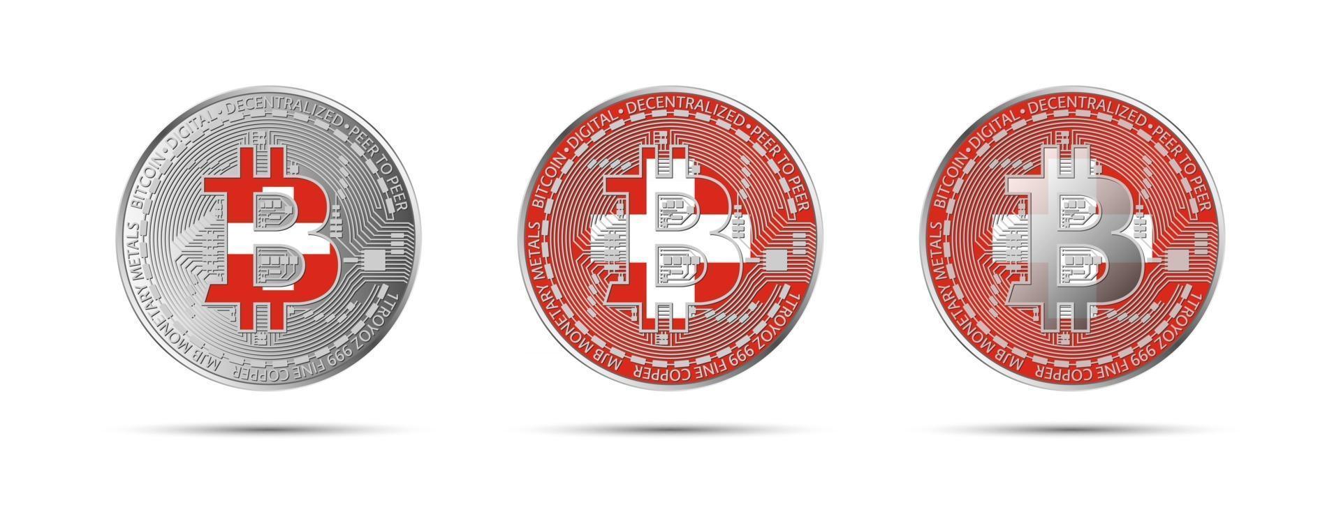 drie bitcoin cryptomunten met de vlag van het geld van Zwitserland van de toekomstige moderne cryptocurrency vectorillustratie vector
