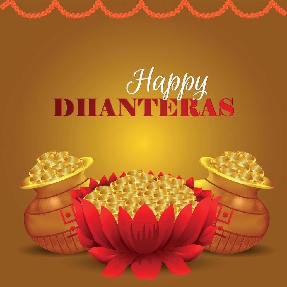 gelukkige dhanteras-vieringsachtergrond met pot van het lotusbloem gouden muntstuk en gouden muntstukpot vector
