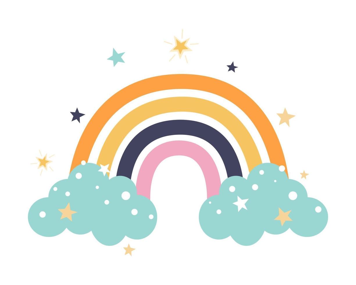 kleurrijke schattige regenboog met blauwe wolken sterren op een witte achtergrond vector platte cartoon afbeelding decor voor kinder posters postkaarten kleding en interieur