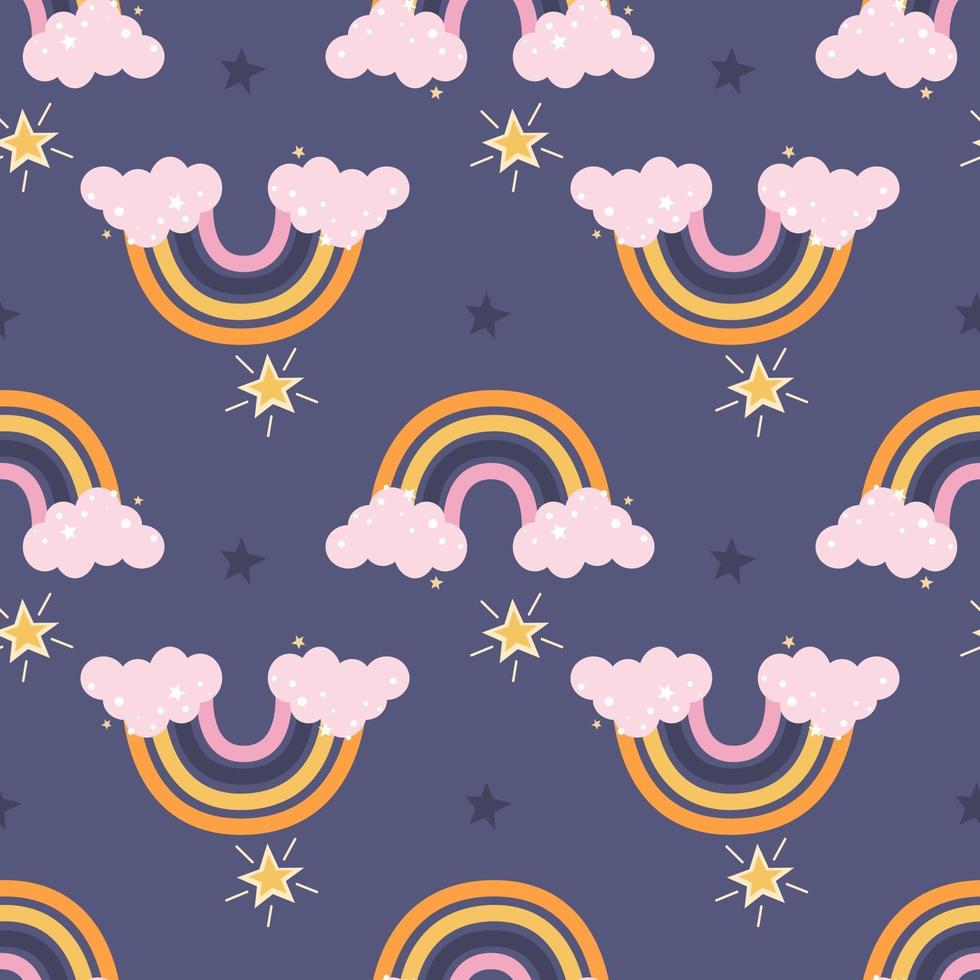 kleurrijke schattig regenboog met roze wolken en sterren op een paarse achtergrond vector naadloze patroon decor voor kinder posters postkaarten kleding en interieur decoratie