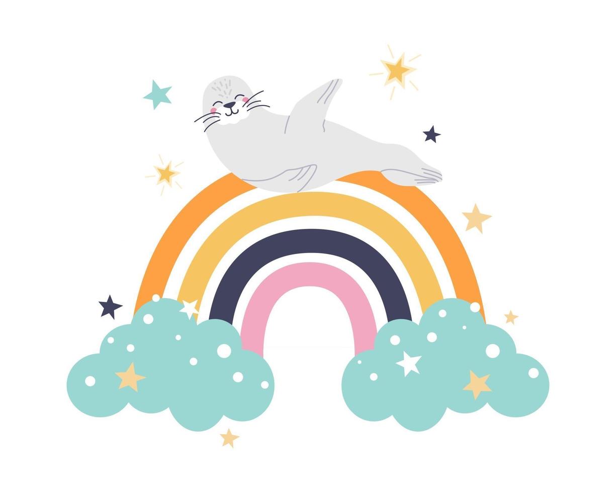 een grappige schattige zeehond ligt op een kleurrijke regenboog met wolken en sterren op een witte achtergrond vector platte cartoon illustratie decor voor kinderposters ansichtkaarten kleding en interieur