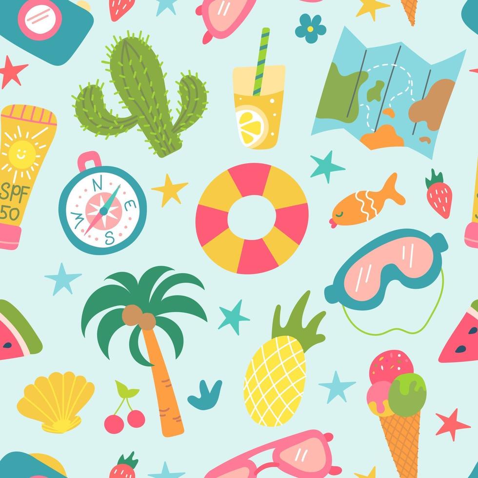 zomer strand set elementen cactus palmboom ananas ijs recreatie en toerisme vector naadloze patroon decor voor kinderen posters ansichtkaarten kleding en interieur