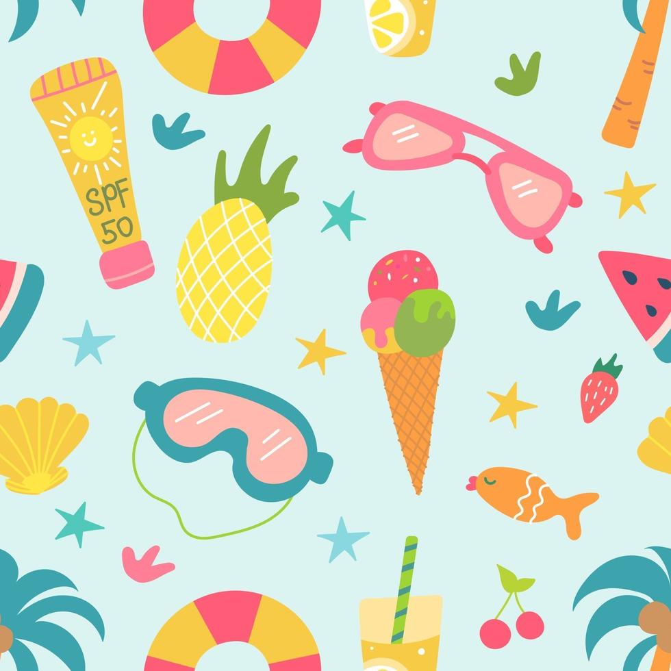 zomer strand set elementen palmboom ananas ijs recreatie en toerisme vector naadloze patroon decor voor kinder posters postkaarten kleding en interieur