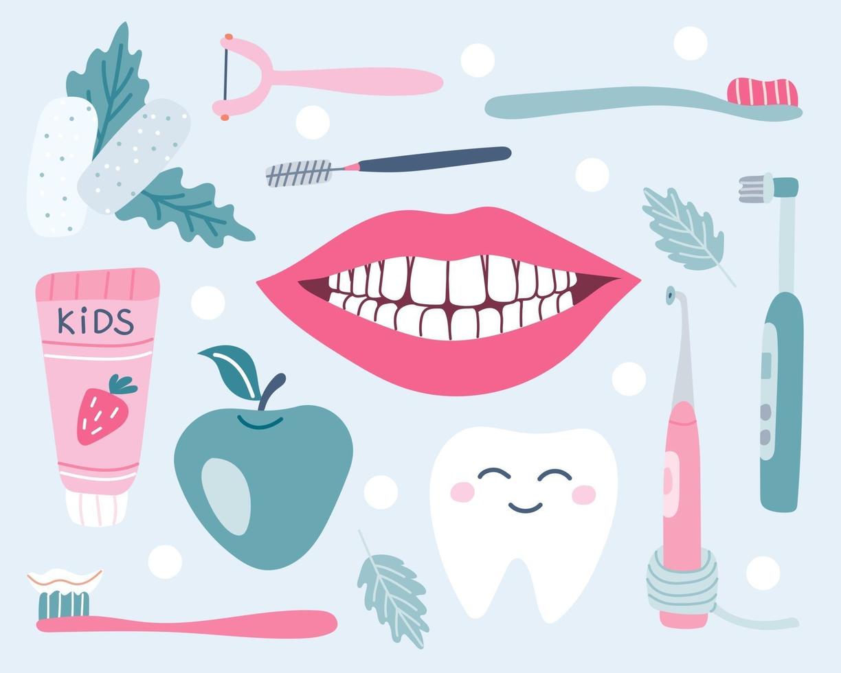 een set van tandheelkundige zorg mondhygiëne kauwgom pasta sneeuwwitje glimlach appel vector afbeelding in vlakke stijl