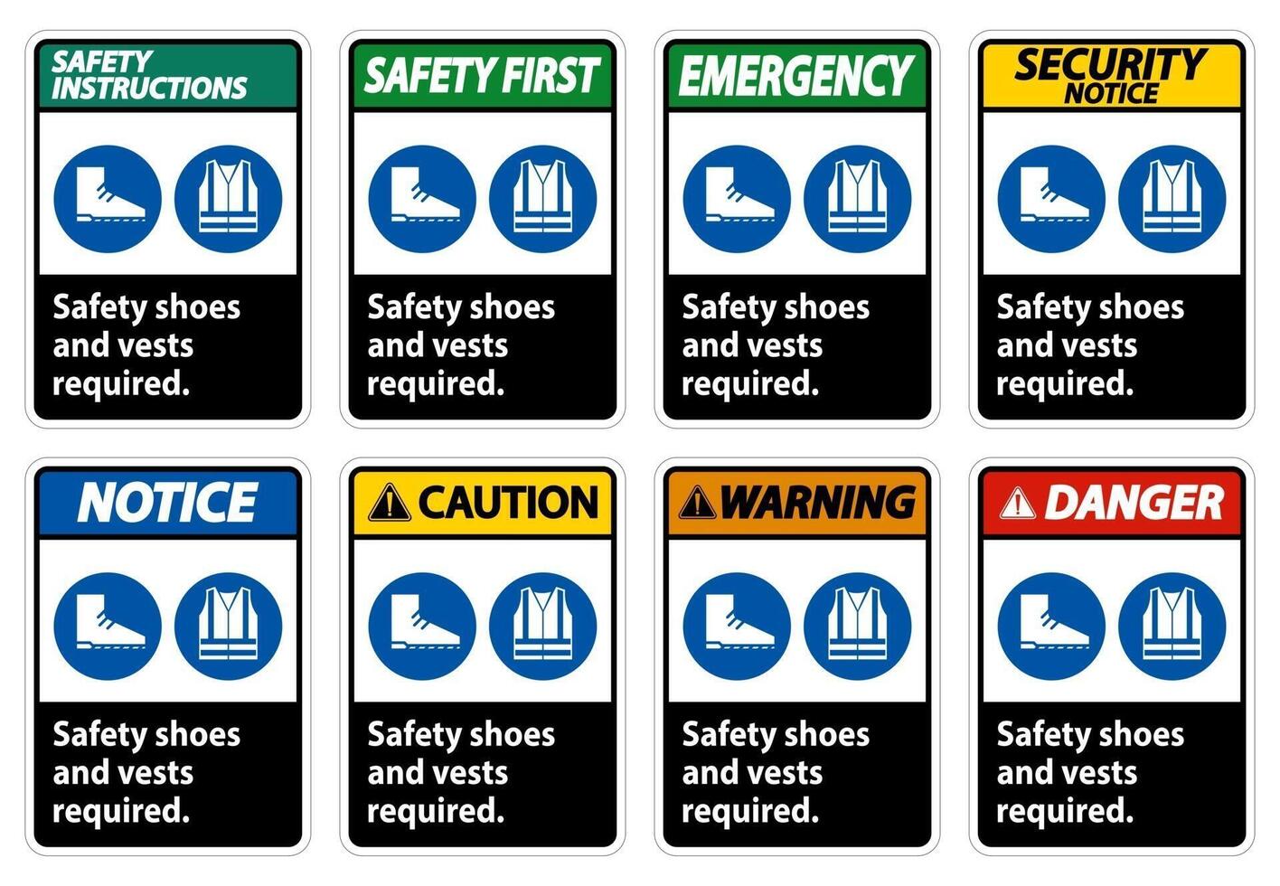 veiligheidsschoenen en vest vereist met pbm-symbolen op witte achtergrond vector