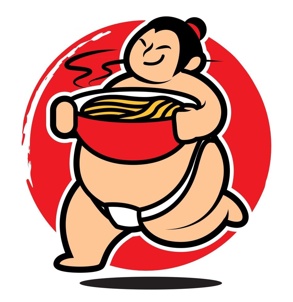 cartoon japanse sumospeler met grote kom hete ramen vector