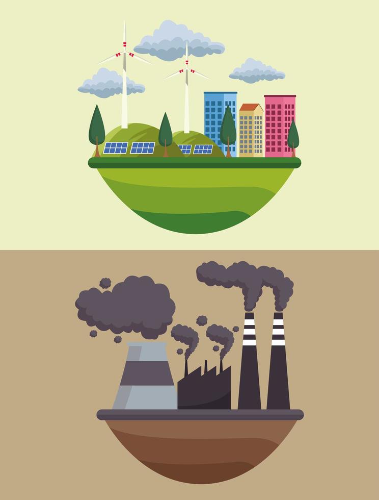 red de wereldmilieuposter met ecostad en vervuilende fabriek vector