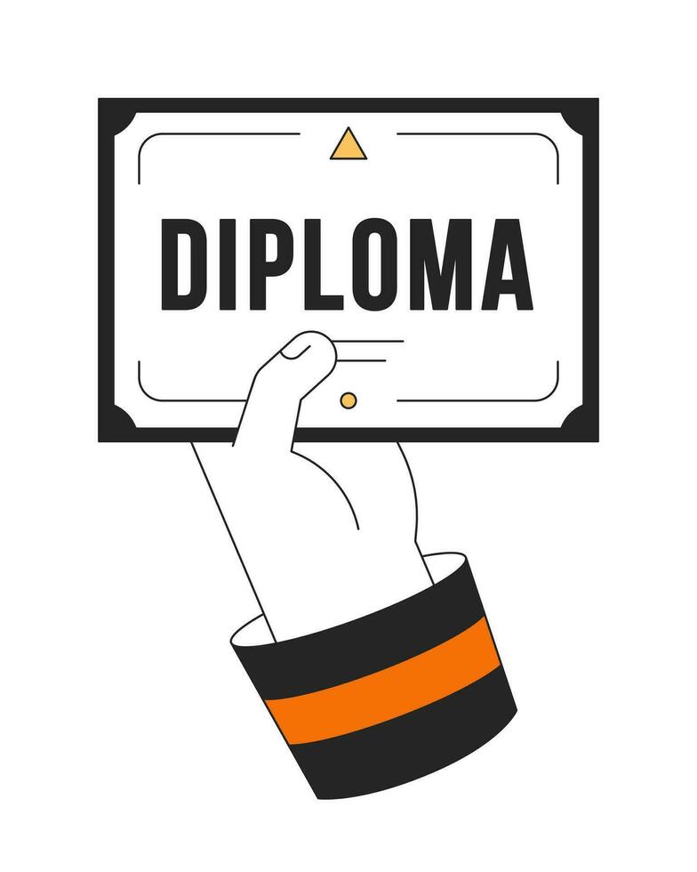 hand- houdt diploma document vlak lijn kleur geïsoleerd vector voorwerp. certificaat van middelbare school. bewerkbare klem kunst beeld Aan wit achtergrond. gemakkelijk schets tekenfilm plek illustratie voor web ontwerp