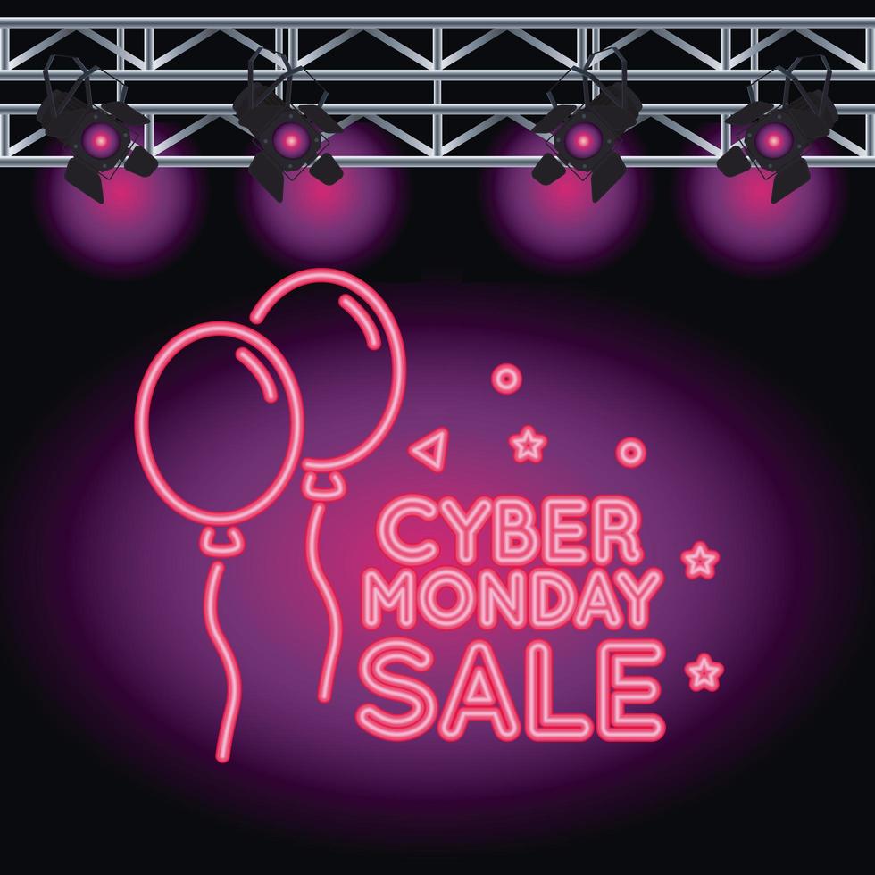 cyber maandag verkoop neonlicht met ballonnen helium en lampen vector