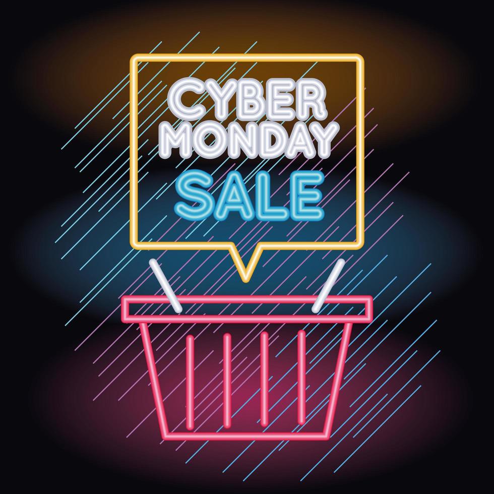 cyber maandag verkoop neonlicht met winkelmandje en tekstballon vector