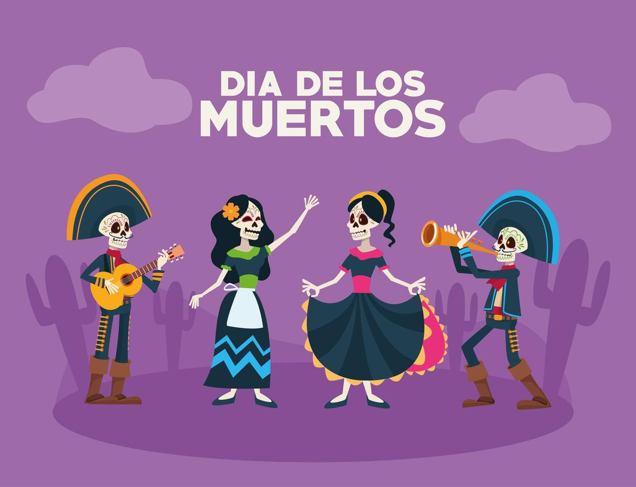 dia de los muertos vieringskaart met skelettengroep in woestijnscène vector