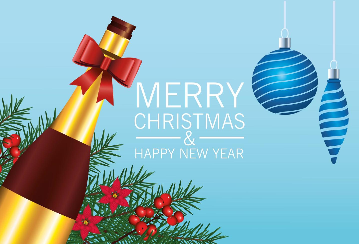 gelukkige merry christmas belettering kaart met ballen opknoping en champagnefles vector