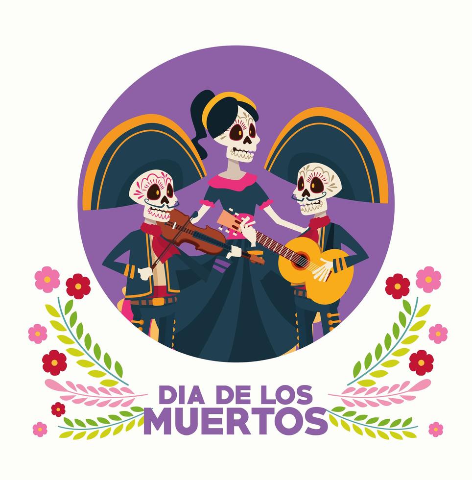 dia de los muertos vieringskaart met skelettengroep en bloemen vector