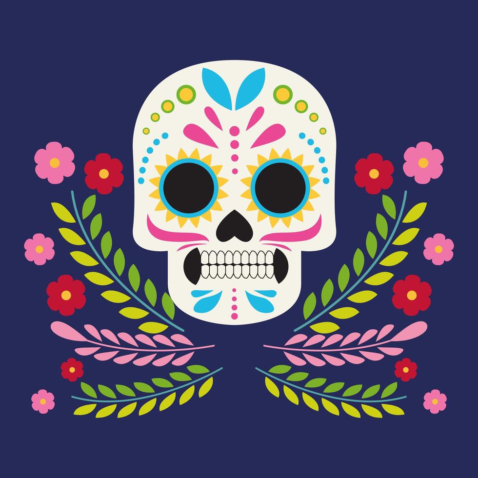 dia de los muertos viering poster met schedel hoofd en bloemen vector