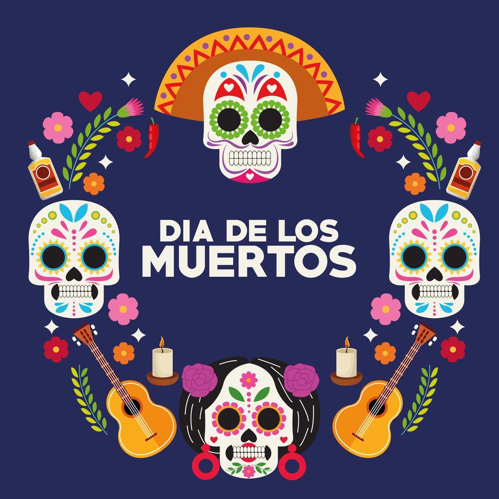 dia de los muertos viering poster met schedels hoofden groep en gitaren rond vector