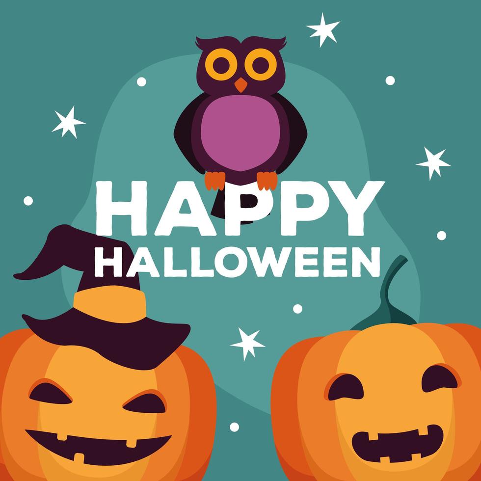 gelukkige halloween-vieringskaart met pompoenen en uil vector