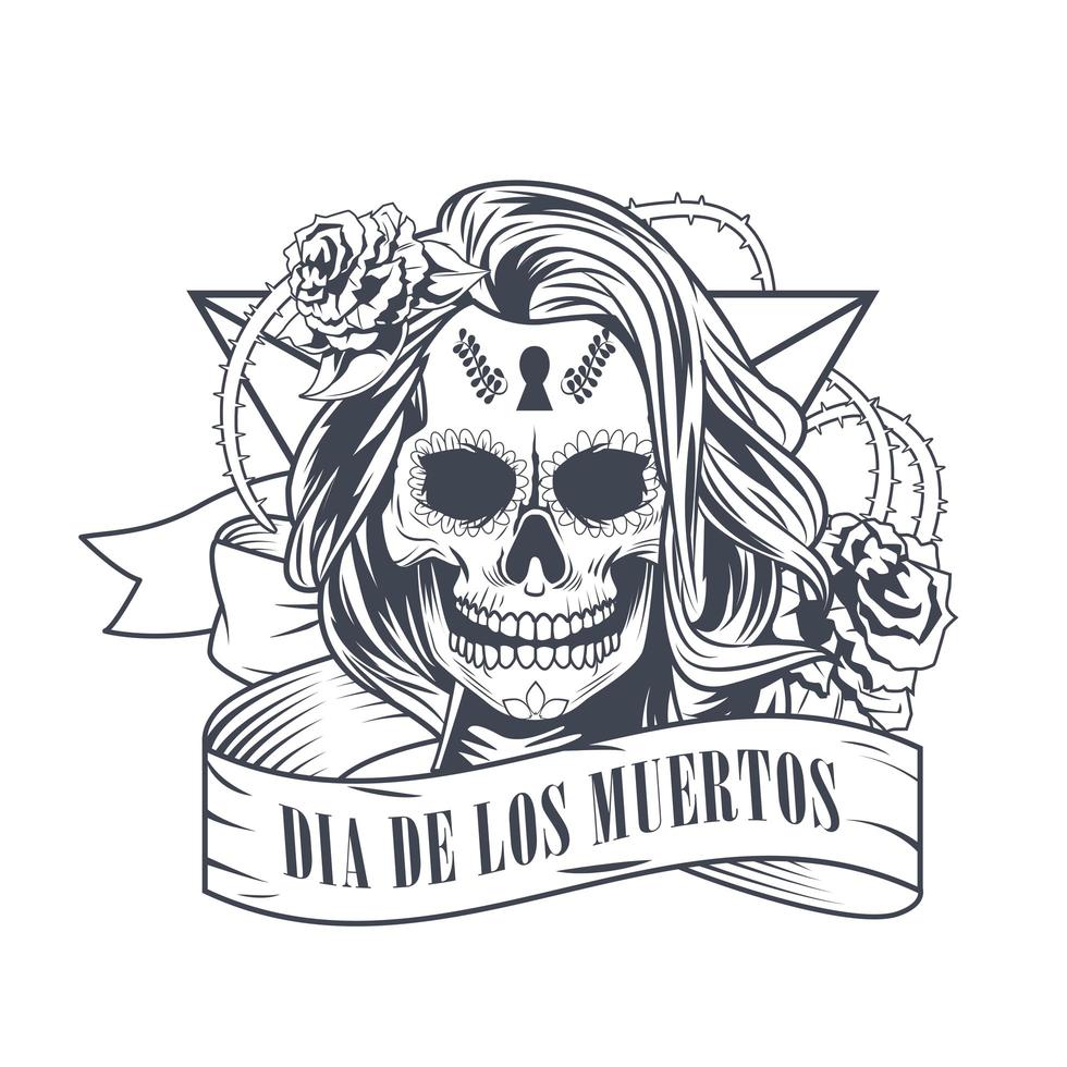 dia de los muertos-viering met vrouwenschedel in lintkader vector