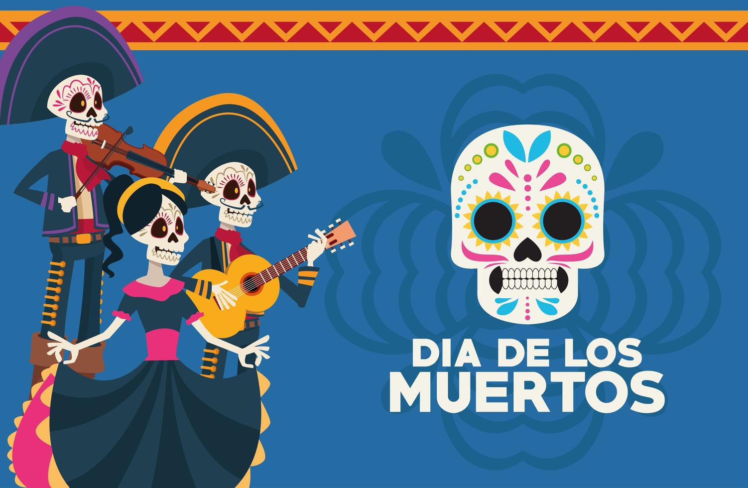 dia de los muertos vieringskaart met skelettengroep en geschilderde schedel vector