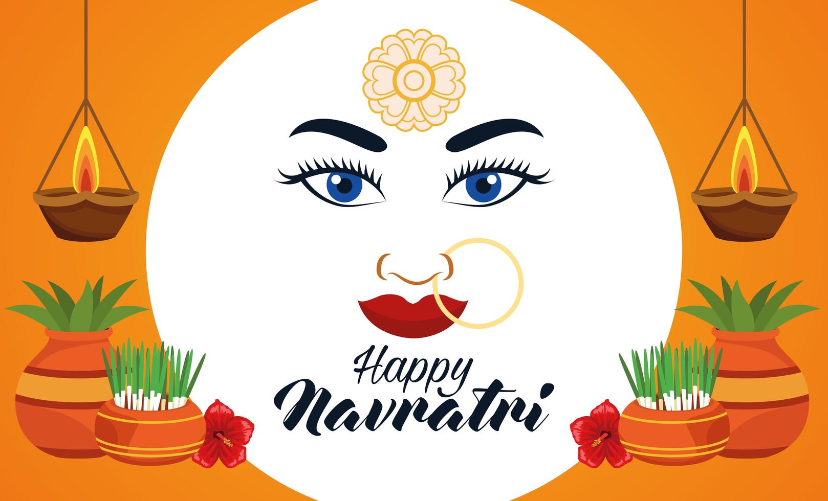 gelukkige navratri-vieringskaart met mooi godingezicht en kamerplanten vector