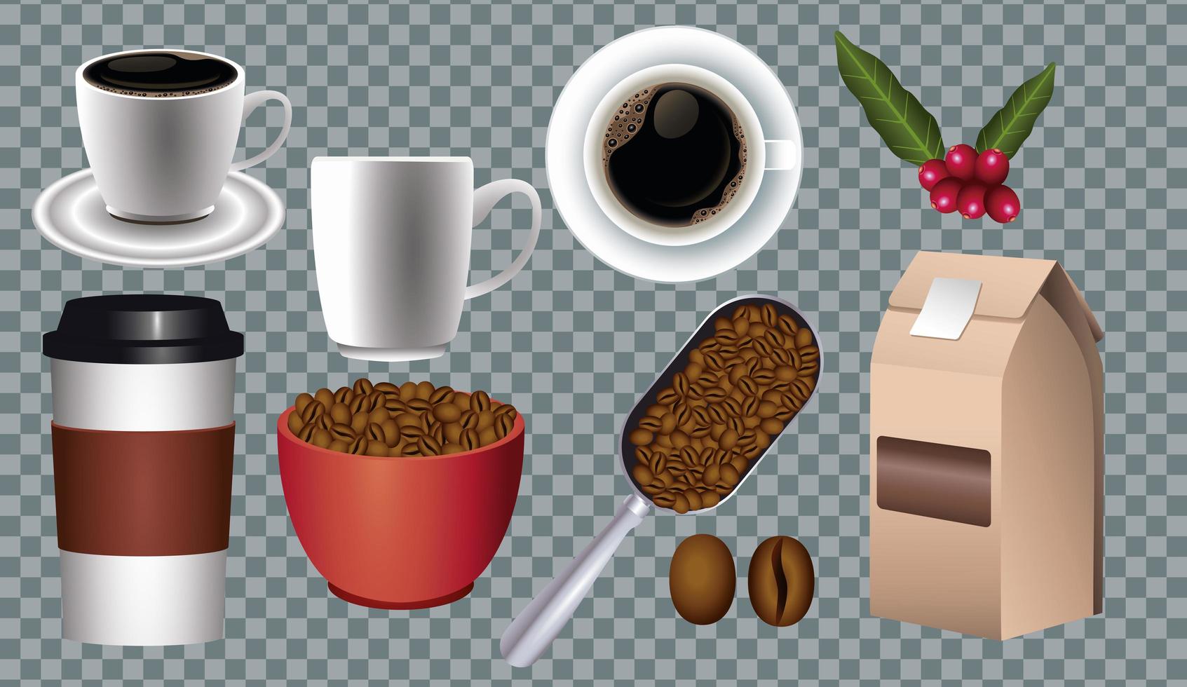 koffiepauze poster met set pictogrammen op de geruite achtergrond vector