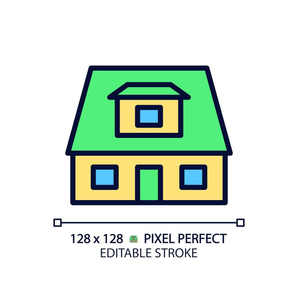 bungalow pixel perfect rgb kleur icoon. huis met hellend dak. recreatie huis. buying eigendom. echt landgoed. huisje. geïsoleerd vector illustratie. gemakkelijk gevulde lijn tekening. bewerkbare beroerte