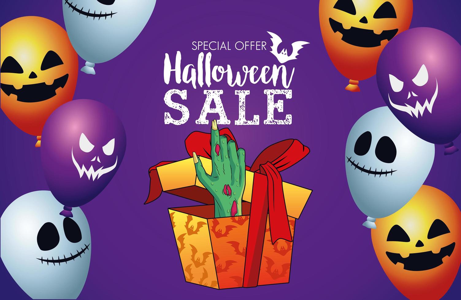 halloween-verkoop seizoensgebonden poster met doodshand die uit geschenk komt en ballonnen helium vector