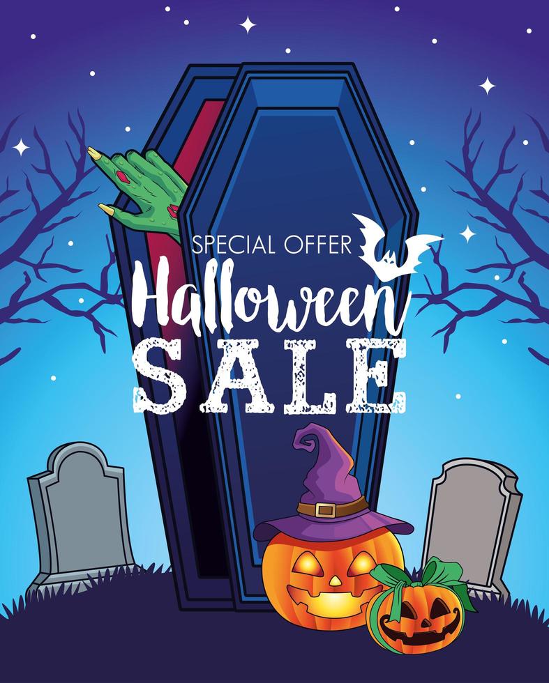 Halloween-verkoop seizoensgebonden poster met hand die uit doodskist op begraafplaats komt vector