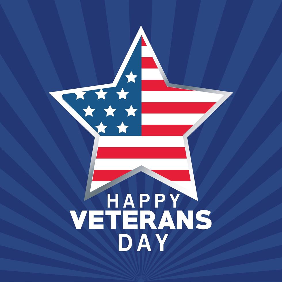 gelukkige veteranendag belettering met usa vlag op ster blauwe kleur achtergrond vector