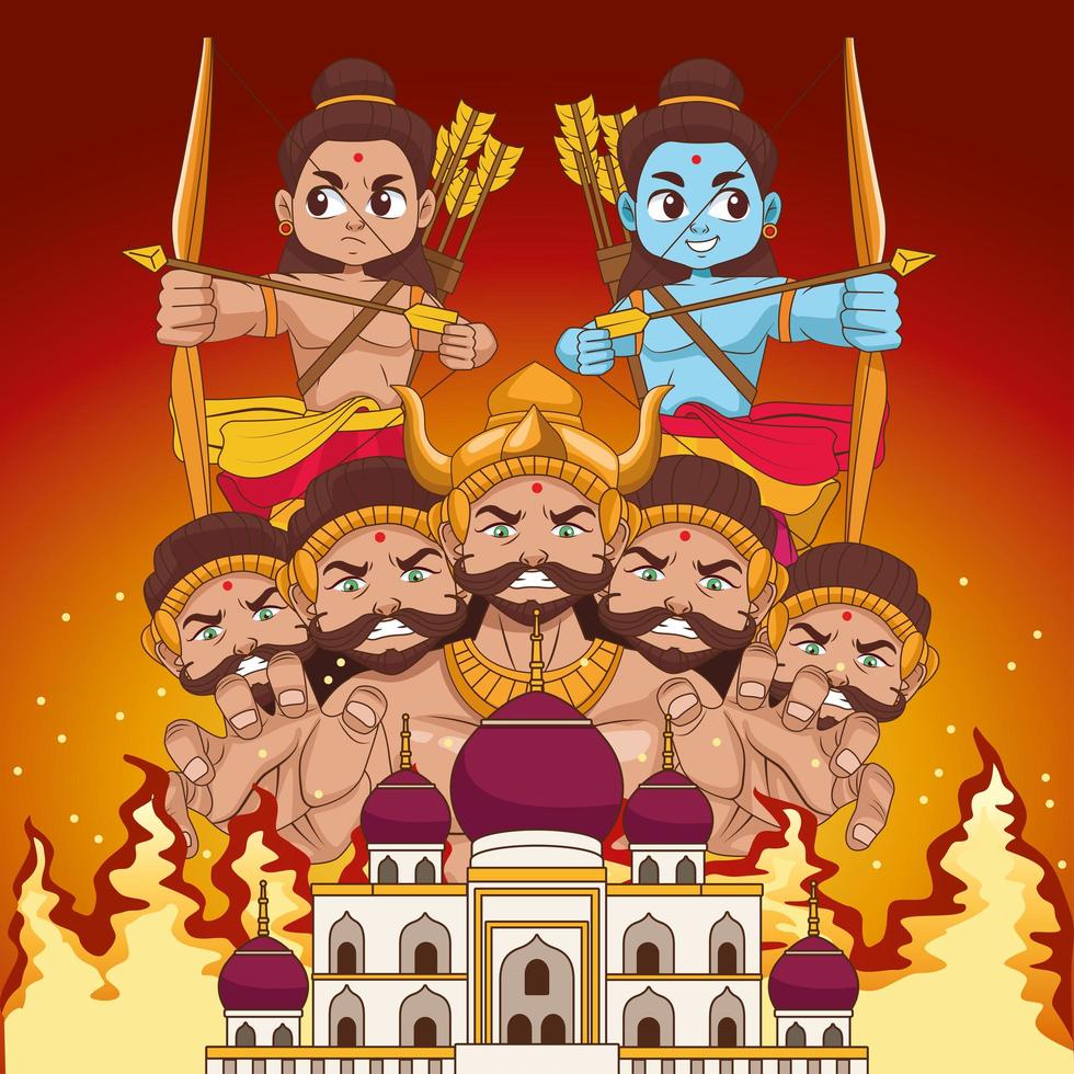 gelukkige dussehra-festivalaffiche met twee rama en tienkoppige ravana in moskeebouw vector