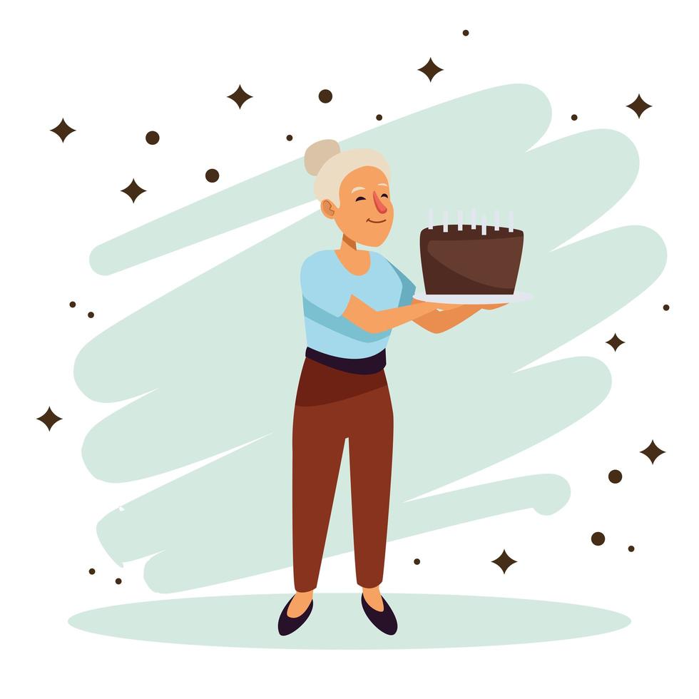 oude vrouw met zoete cake actief senior karakter vector