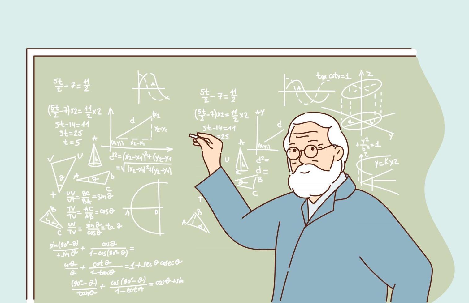 kennistraining en onderwijs en wetenschapsconcept professor die het onderwerp van de seminarlezing uitlegt met behulp van een tekendiagram op het klasbord vector