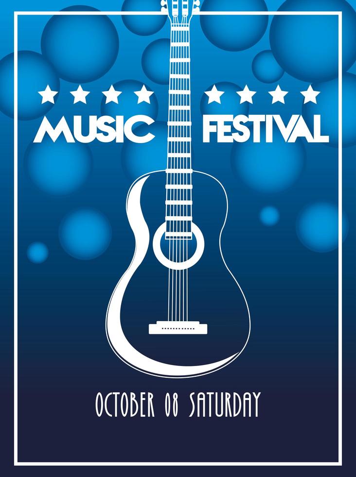 muziekfestivalposter met akoestisch gitaarinstrument op blauwe achtergrond vector