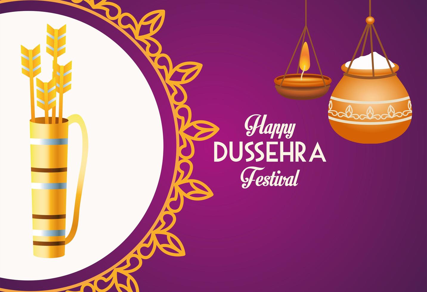 happy dussehra festival poster met pijlen tas en keramische pot in mandala vector