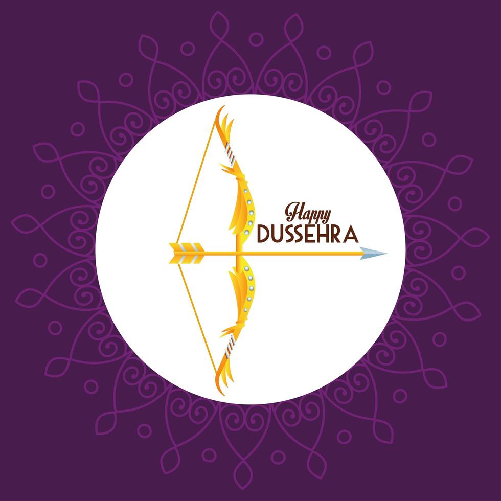happy dussehra festival poster met boog en letters op paarse achtergrond vector