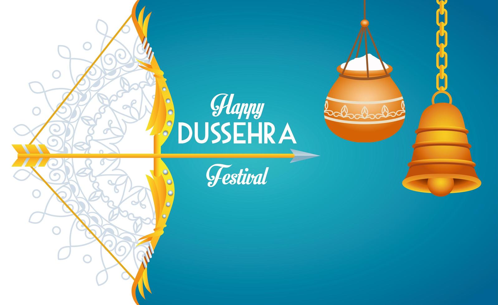 happy dussehra festival poster met boog en bel opknoping vector