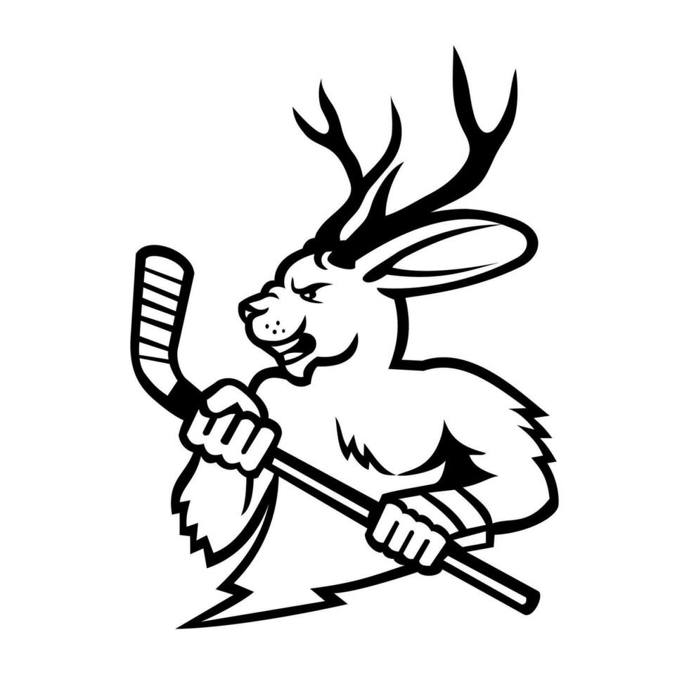 jackalope met ijs hockey stok mascotte zwart en wit vector