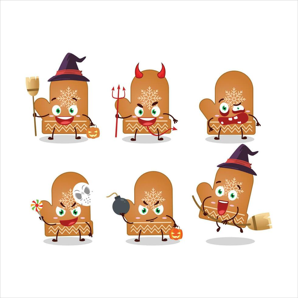 halloween uitdrukking emoticons met tekenfilm karakter van handschoenen koekje vector