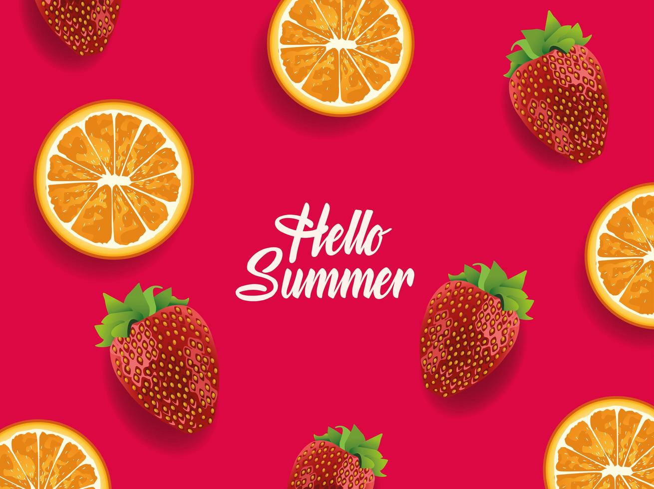 Hallo zomer met sinaasappels en aardbeien fruit patroon vector