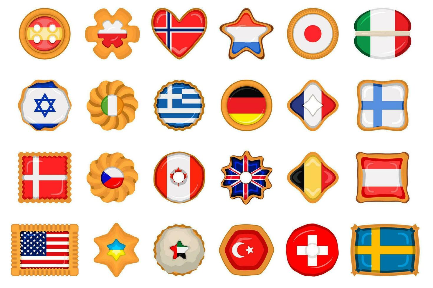 reeks eigengemaakt koekje met vlag land wereld in smakelijk biscuit vector