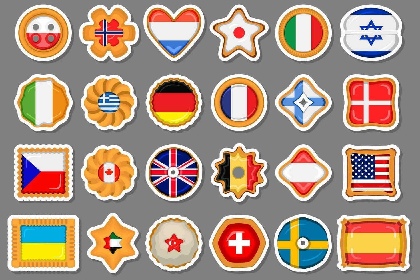 reeks eigengemaakt koekje met vlag land wereld in smakelijk biscuit vector