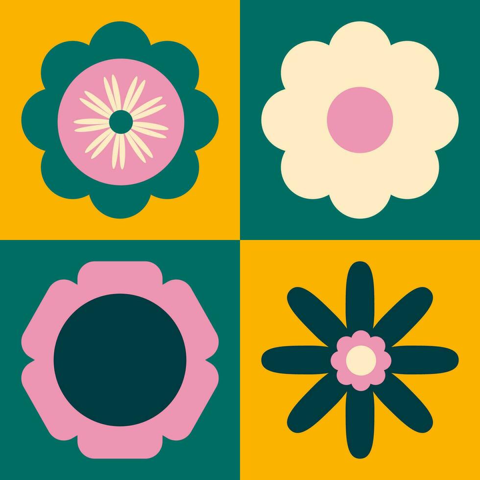 modieus wijnoogst plein poster in retro kleuren. veelkleurig helder blokken en bloemen, geel groen en roze. poster in de stijl van de jaren 90, y2k. vector