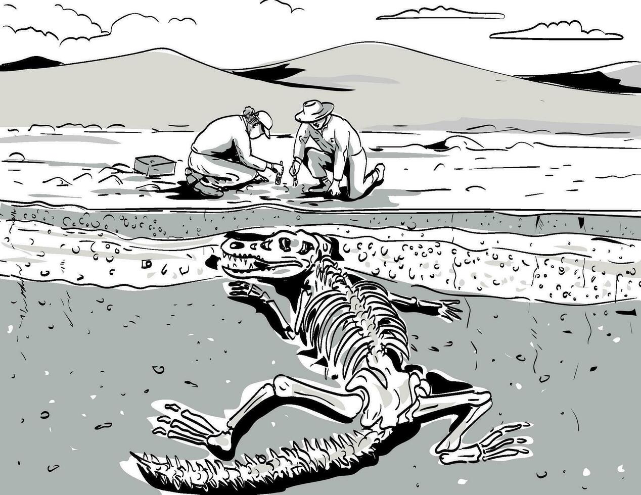 archeoloog graven omhoog fossiel van prehistorisch dinosaurus comics stijl tekening vector