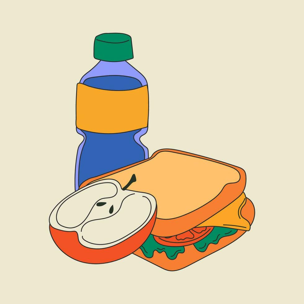 school- lunch doos. divers voedsel, broodje, water, appel. hand- getrokken vector illustratie. geïsoleerd elementen, ontwerp Sjablonen. gezond voedsel concept