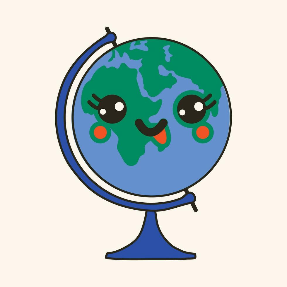 schattig gelukkig grappig aarde wereldbol met kawaii ogen. tekenfilm vrolijk school- mascotte vector